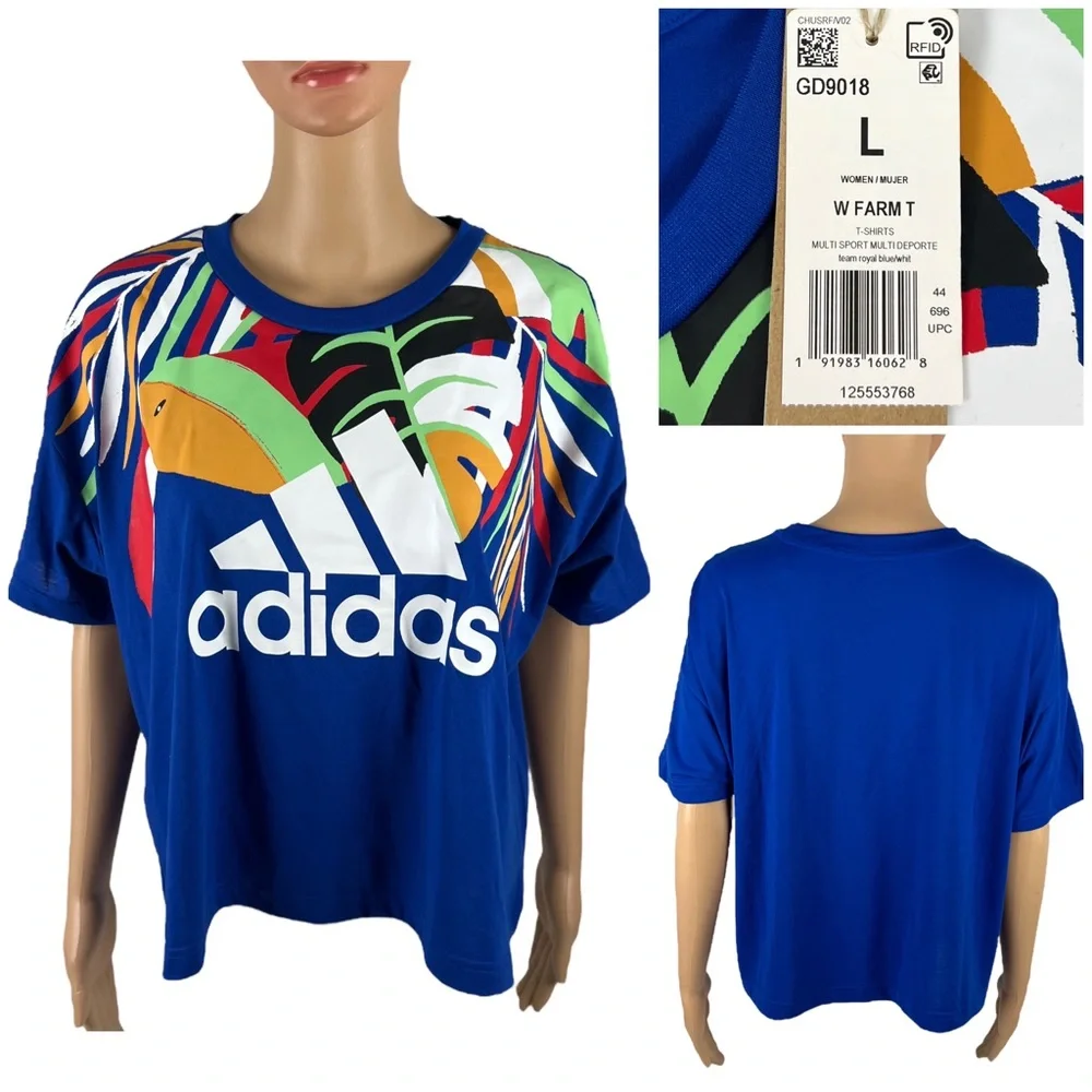 Adidas x Farm Rio Shirt Women Large Blue Tropical Short Sleeve Crop Pullover NWT - Picture 1 of 13